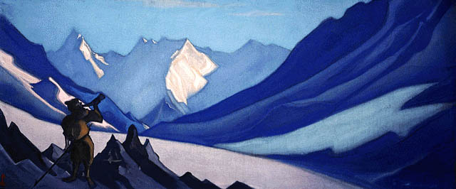 Зов  1944  Холст, темпера. 38 x 91.4   Принадлежит Центру-Музею им. Н.К. Рериха, Москва, Россия. Находится в Государственном музее  Востока